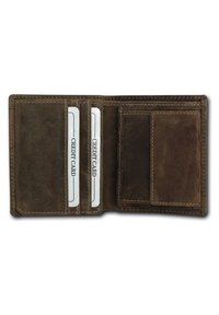 Brown leather wallet, bi-fold design with multiple card slots and a smooth texture. Features visible stitching and clear credit card placeholders.