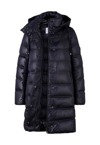 Manteau en duvet bleu marine avec capuche, finition brillante, texture matelassée, fermeture éclair à l'avant et boutons-pression. Caractérisé par de grandes alvéoles pour l'isolation.