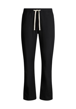 Zwarte rechte broek met elastische tailleband en wit trekkoord, weergegeven tegen een witte achtergrond.