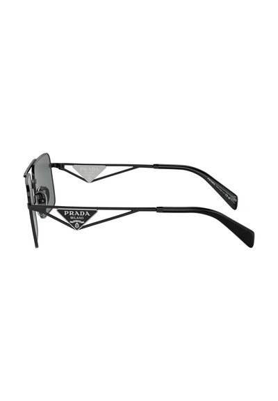 Occhiali da sole in metallo nero con lenti rettangolari, caratterizzati da dettagli argento e logo sulle aste per l'identificazione del marchio.