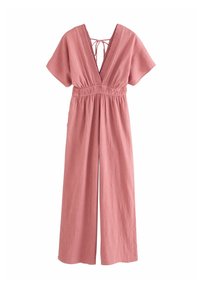 Rosa-Jumpsuit mit V-Ausschnitt, kurzen Fledermausärmeln, geraffter Taille und weitem Bein in leichtem, strukturiertem Stoff.