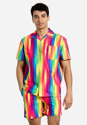 Short-sleeve, button-up shirt and matching shorts in vibrant horizontal stripes of pink, yellow, green, and blue, made of smooth fabric.