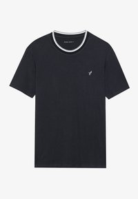 Schwarzes kurzärmliges T-Shirt mit Rundhalsausschnitt und kontrastierendem weißen Saum, mit einem kleinen bestickten Logo auf der Brust. Weicher Baumwollstoff.