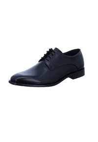 Schwarze Leder-Halbschuhe mit glatter Oberfläche, runder Spitze und sechs Ösen für die Schnürsenkel. Verfügt über eine flache Sohle und dezente seitliche Nähte.