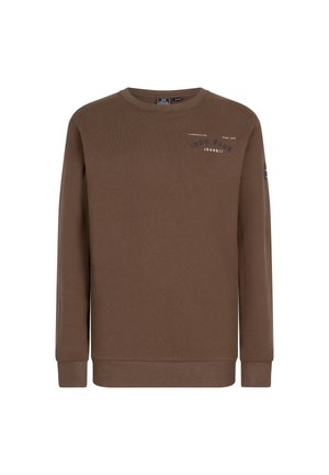 Brauner Sweatshirt aus weichem Stoff, mit rundem Hals, langen Ärmeln, gerippten Bündchen und einem kleinen Grafikdruck auf der Brust.