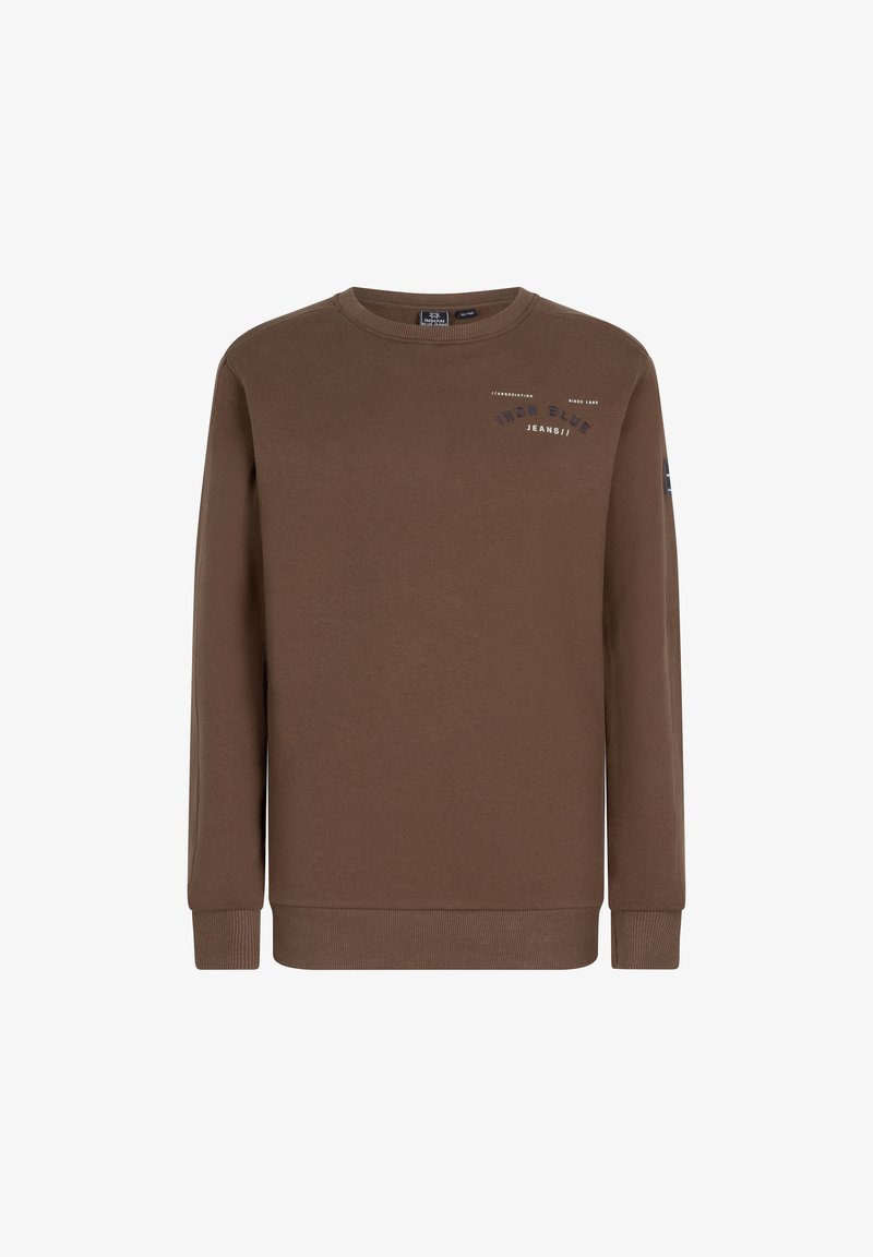 Brauner Sweatshirt aus weichem Stoff, mit rundem Hals, langen Ärmeln, gerippten Bündchen und einem kleinen Grafikdruck auf der Brust.