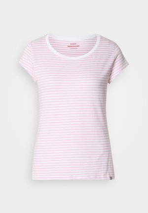 T-shirt rayé rose et blanc avec un col rond et des manches courtes. Confectionné dans un tissu doux avec une coupe régulière. Étiquette de marque discrète à l'ourlet.