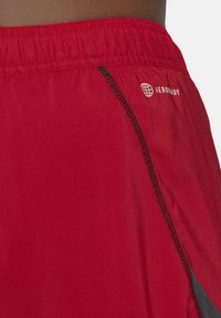 Rode sportieve shorts van lichtgewicht stof met een elastische tailleband. Heeft zwarte contraststiksels en een klein logo in het wit.