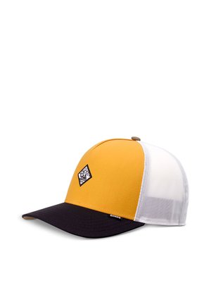 Gelbe und weiße Mesh-Trucker-Cap mit schwarzem gebogenem Schirm und kleinem schwarz-weißem, diamantförmigem Logo auf dem Frontpanel.