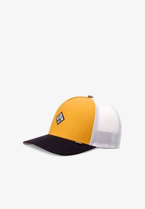 Gelbe und weiße Mesh-Trucker-Cap mit schwarzem gebogenem Schirm und kleinem schwarz-weißem, diamantförmigem Logo auf dem Frontpanel.