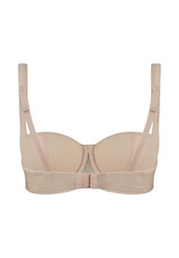 Beżowy biustonosz z fiszbinami, z wyściełanymi miseczkami, regulowanymi ramiączkami oraz zapięciem na haftki. Z tyłu posiada siateczkową wstawkę zapewniającą przewiewność.