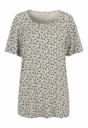 Hvid kortærmet bluse med sort blomsterprint og rund halsudskæring.