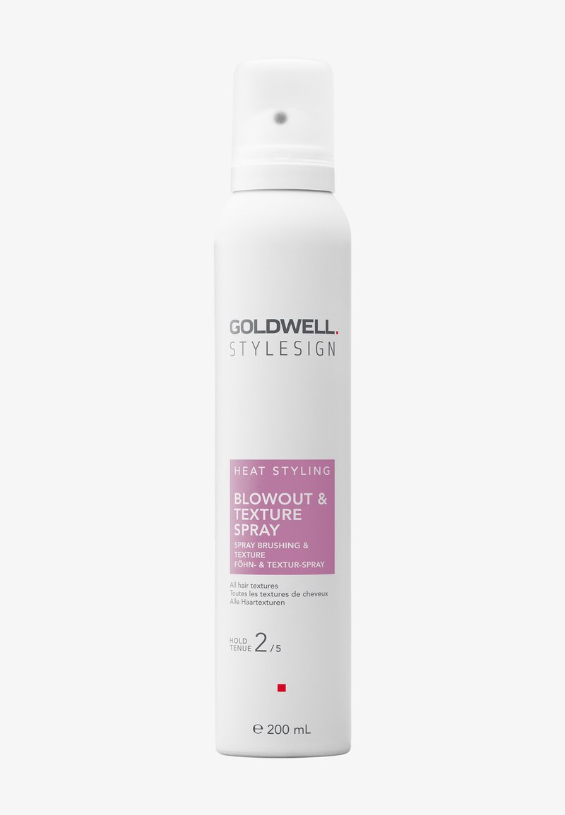 Bomboletta spray cilindrica bianca etichettata Goldwell Stylesign Blowout & Texture Spray, 200 ml, prodotto per styling a caldo con livello di tenuta 2 su 5.