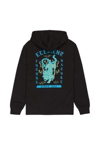 Felpa nera con cappuccio con grafica blu e verde di una tigre a due teste tra bambù, e il testo "ELEMENTO", "FUTURO", "NATURA" e "DAL 1992" sul retro.