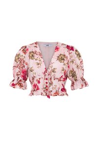 Blumenbluse mit Puffärmel, V-Ausschnitt und Knopfdetails, aus leichtem pinkfarbenem Stoff mit roten und gelben Blumenmustern.