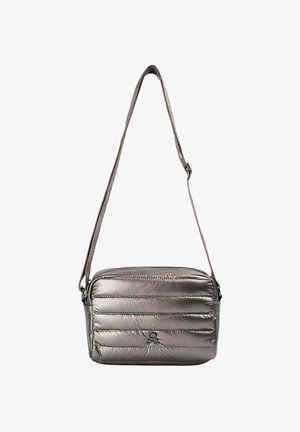 Small metallic silver padded crossbody bag with adjustable strap and a subtle skull emblem on the front center.