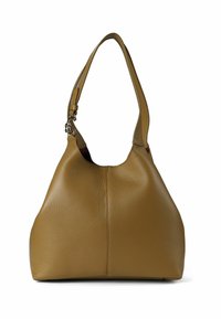 Borsa hobo in pelle marrone chiaro con una texture morbida, una forma curva e una tracolla regolabile singola. Presenta un dettaglio di cucitura sottile.