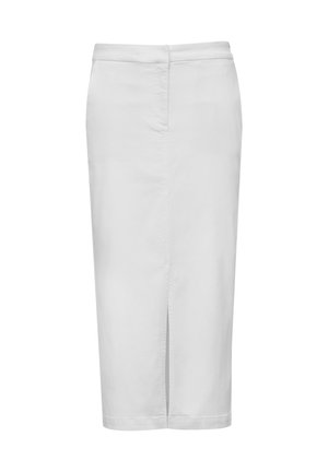 Biała spódnica ołówkowa do kolan o minimalistycznym designie, z rozcięciem z tyłu dla swobody ruchów, wykonana z lekkiego materiału.
