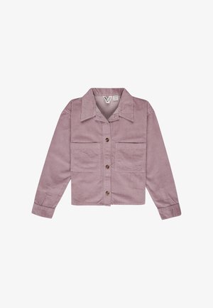Pink corduroy jacket with a collar, button front, two chest pockets, and long sleeves. Notable texture with vertical stripes.