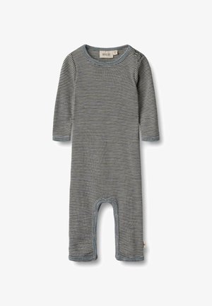 Romper a maniche lunghe a righe grigie e navy, realizzato in morbido tessuto con bottoni a pressione e collo arrotondato. Presenta una vestibilità confortevole e una texture delicata.