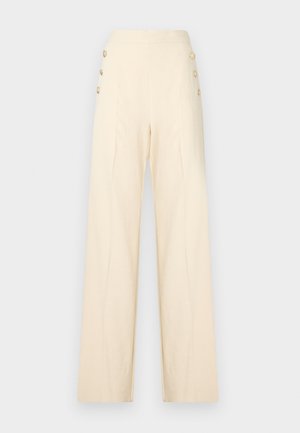 Wide-leg trousers in a light cream color, featuring a smooth texture, high waist, and decorative gold buttons on the sides.