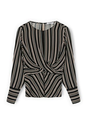 Bluza neagră cu mâneci lungi, cu dungi verticale albe și bej, având un design răsucit în față și un decolteu rotund cu închidere cu nasturi la spate.