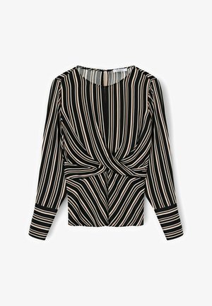 Bluza neagră cu mâneci lungi, cu dungi verticale albe și bej, având un design răsucit în față și un decolteu rotund cu închidere cu nasturi la spate.