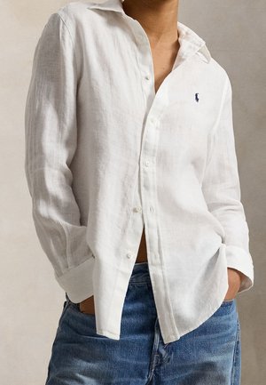 Personne portant une chemise blanche à manches longues partiellement déboutonnée sur un jean bleu, les mains dans les poches.