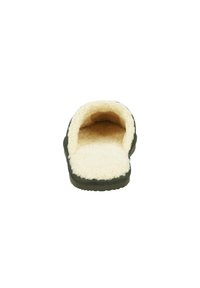 Green slipper with a soft beige fleece interior, round shape, flat sole, and no visible hardware or patterns. Simple, cozy design.