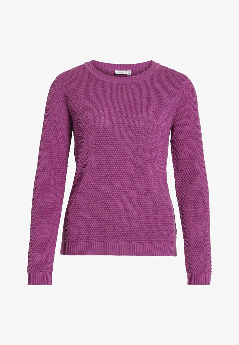 Pull violet à manches longues avec motif tricoté texturé, encolure ronde, poignets et ourlet côtelés.