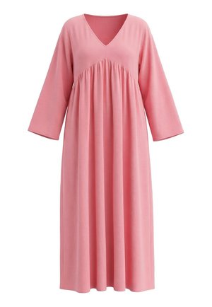Lyserød midikjole med lange ærmer, V-udskæring og indsnøring ved taljen, med en løs, flydende silhuet.