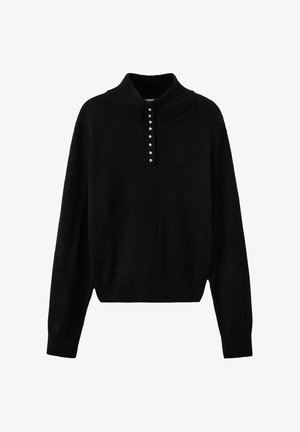 Pull en tricot noir à manches longues avec col montant côtelé et patte de boutonnage avec sept boutons argentés sur le devant.