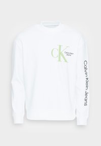 Sudadera blanca con el logo verde de CK en la parte frontal y la impresión "Calvin Klein Jeans" a lo largo de la manga izquierda. Textura suave, puños acanalados.