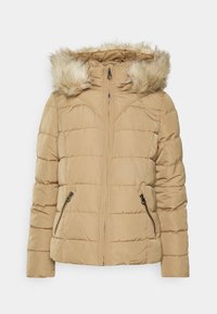 Beige polstret vinterjakke med lynlås foran, to lynlåslommer på siden og hættekantet med lysebrun faux fur.