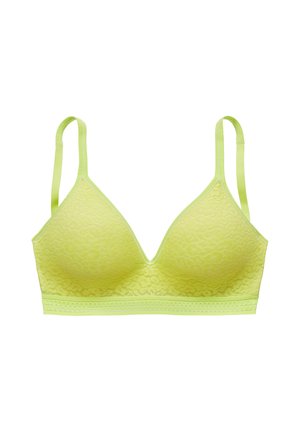 Light green lace bra with adjustable straps and soft cups, designed for comfort and support.