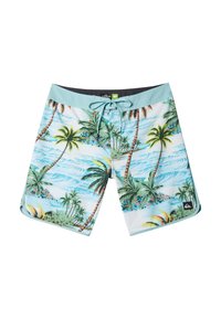 Men's swim trunks made of lightweight fabric. Pattern features palm trees and waves in turquoise, white, and green with a drawstring waist.