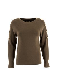 Maglione lavorato a maglia verde oliva con maniche raglan, caratterizzato da bottoni decorativi dorati sulle spalle e una finitura liscia al tatto.