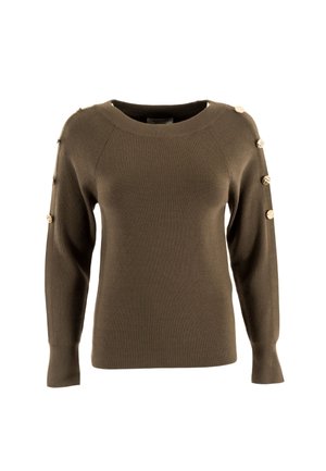 Pull en tricot vert olive avec des manches raglan, présentant des boutons décoratifs dorés sur les épaules et une finition lisse.
