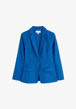 Blazer bleu à bouton unique avec revers crantés et deux poches à rabat avant, coupe ajustée, présenté sur un fond blanc.