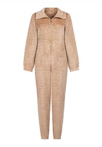 Béžový fleece overal so zipsom vpredu, dlhými rukávmi a stojacím golierom. Má textúrovaný listový vzor a elastické manžety na členkoch.