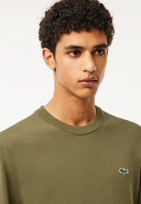 Maglione a girocollo verde oliva realizzato in tessuto knit, con un piccolo logo ricamato sul petto sinistro e polsini e scollatura a costine.
