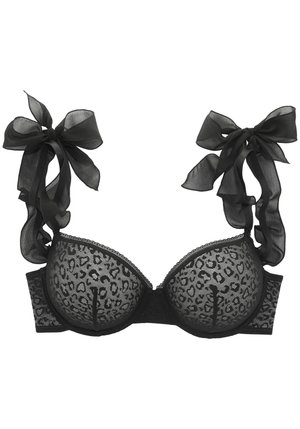 Sutien neoprenat negru cu cupe din plasă cu imprimeu leopardi și accente din panglică neagră transparentă pe zonele curelelor, având o margine din dantelă pe margini.