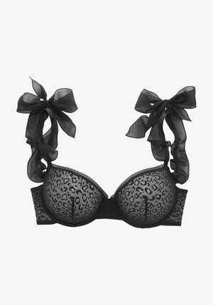 Svart polstret bh med leopardmønster mesh-kopper og gjennomsiktige svarte bånddetaljer på stroppene, med blonderkant langs kantene.