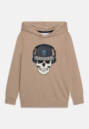Beżowa bluza z kapturem z dużym nadrukiem czaszki noszącej słuchawki i czapkę z niebieskim logo "N". Wykonana z miękkiego bawełnianego materiału.