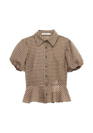 Braun-beige karierte Kurzarmbluse mit Puffärmeln, durchgehender Knopfleiste, klassischem Kragen und Schößchen-Saum.