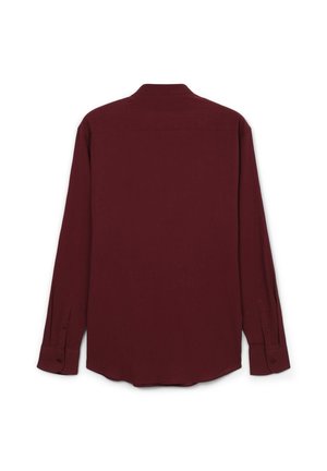 Langärmeliges Hemd in Burgunderfarbe, aus strukturiertem Stoff, mit klassischem Kragen und knöpfbaren Manschetten, sowie gerundetem Saum.