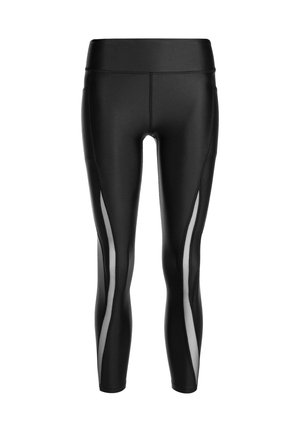 Black athletic leggings with a high waistband, featuring sheer side panels and a smooth, stretchy fabric for comfort and flexibility.