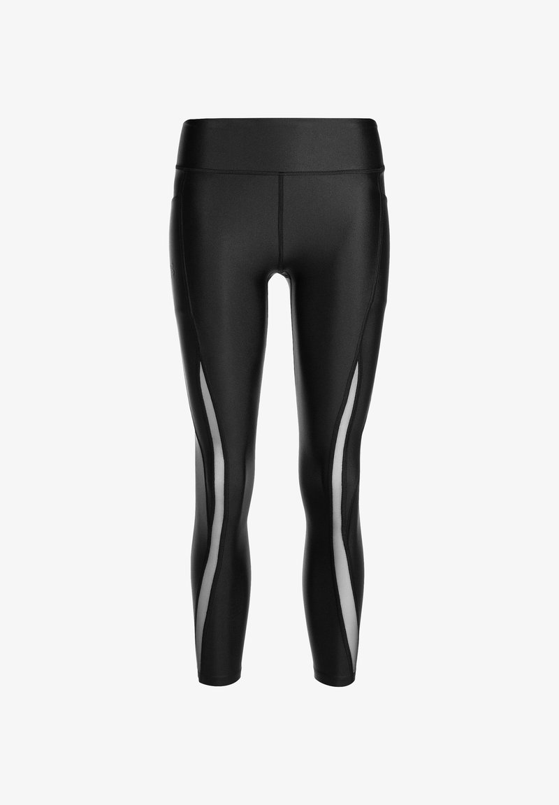 Leggings deportivas negras con una cintura alta, que presentan paneles laterales transparentes y un tejido suave y elástico para mayor comodidad y flexibilidad.