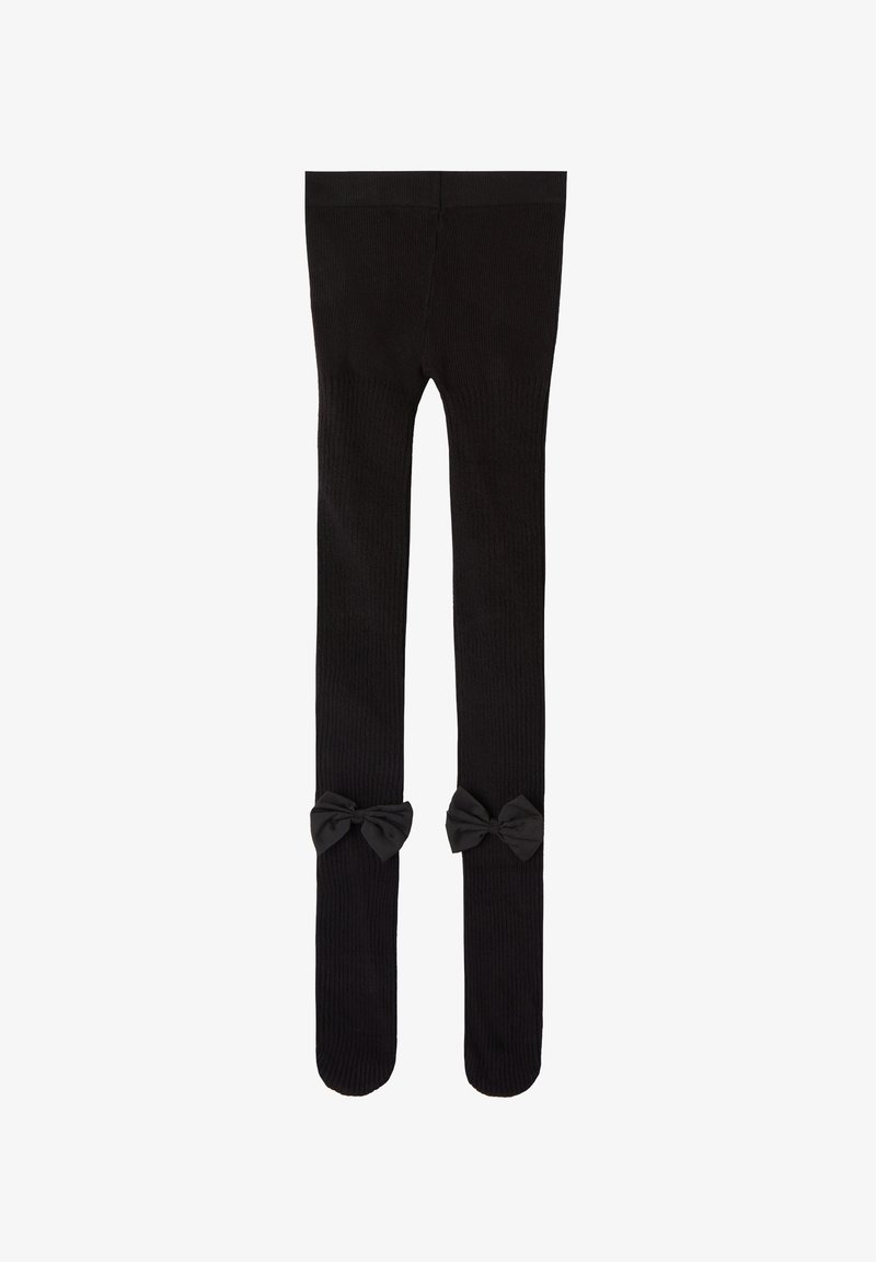 Czarne prążkowane rajstopy o miękkiej teksturze, z dodatkami kokardek na kostkach. Zaprojektowane z myślą o komforcie i wszechstronności.