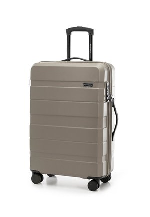 Hard-shell suitcase in beige with horizontal stripes. Features a retractable black handle and four black wheels for easy mobility.